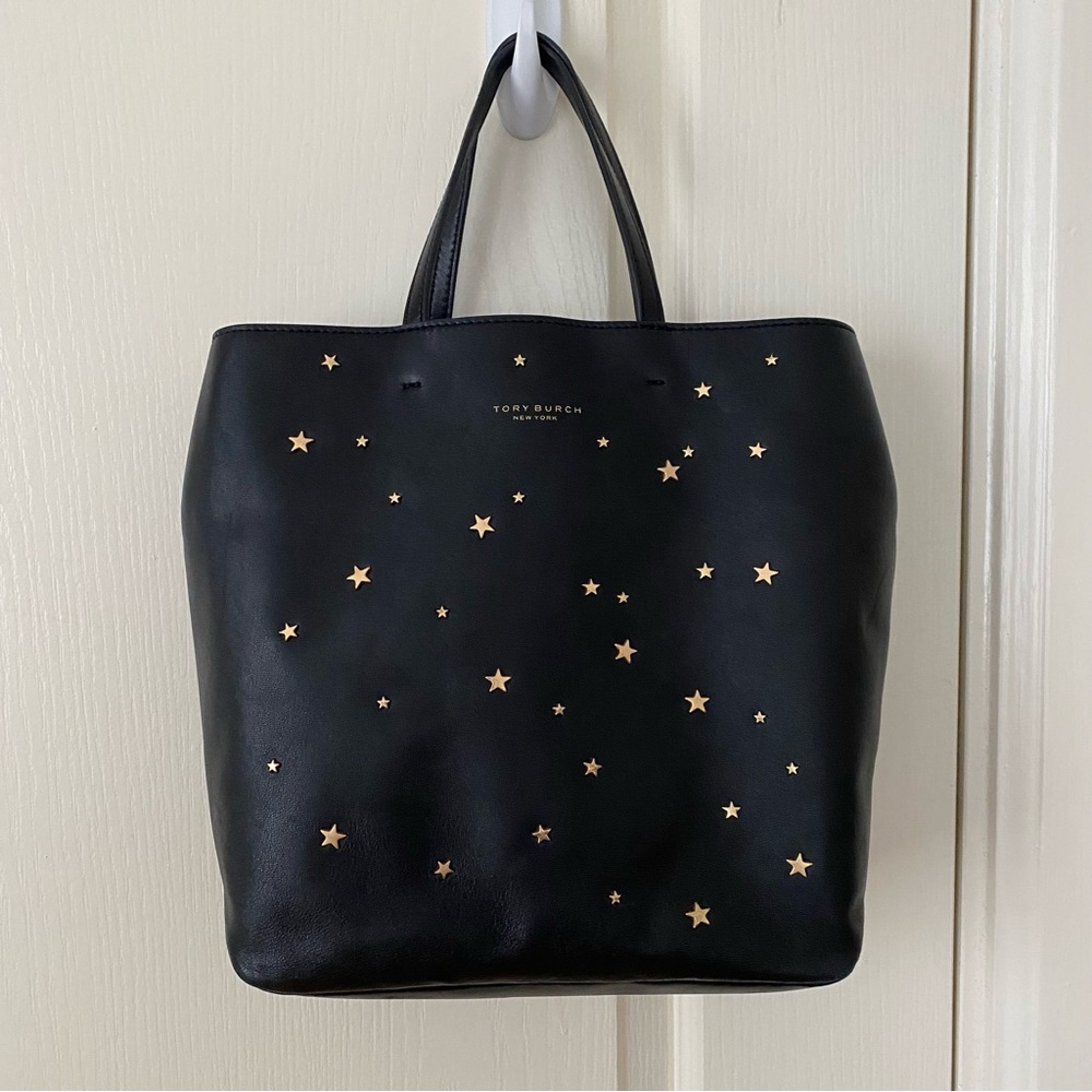 $398 Tory Burch Fleming Black Lambskin Leather Gold Star Studs Satchel Tote Bag - Picture 3 of 14